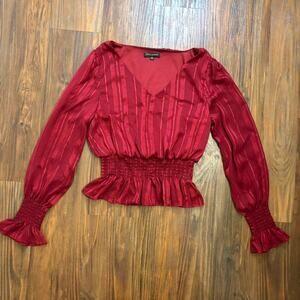 Shinestar Red Satin Peplum Striped Blouse Y2K Size Small
